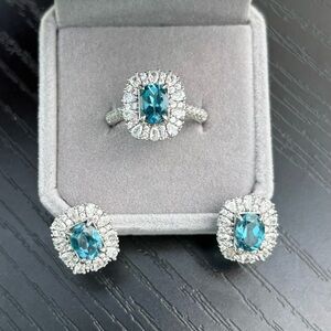 Set!! Natural London Blue Topaz Ring & Earrings 925 Sterling Silver. Size 8.25